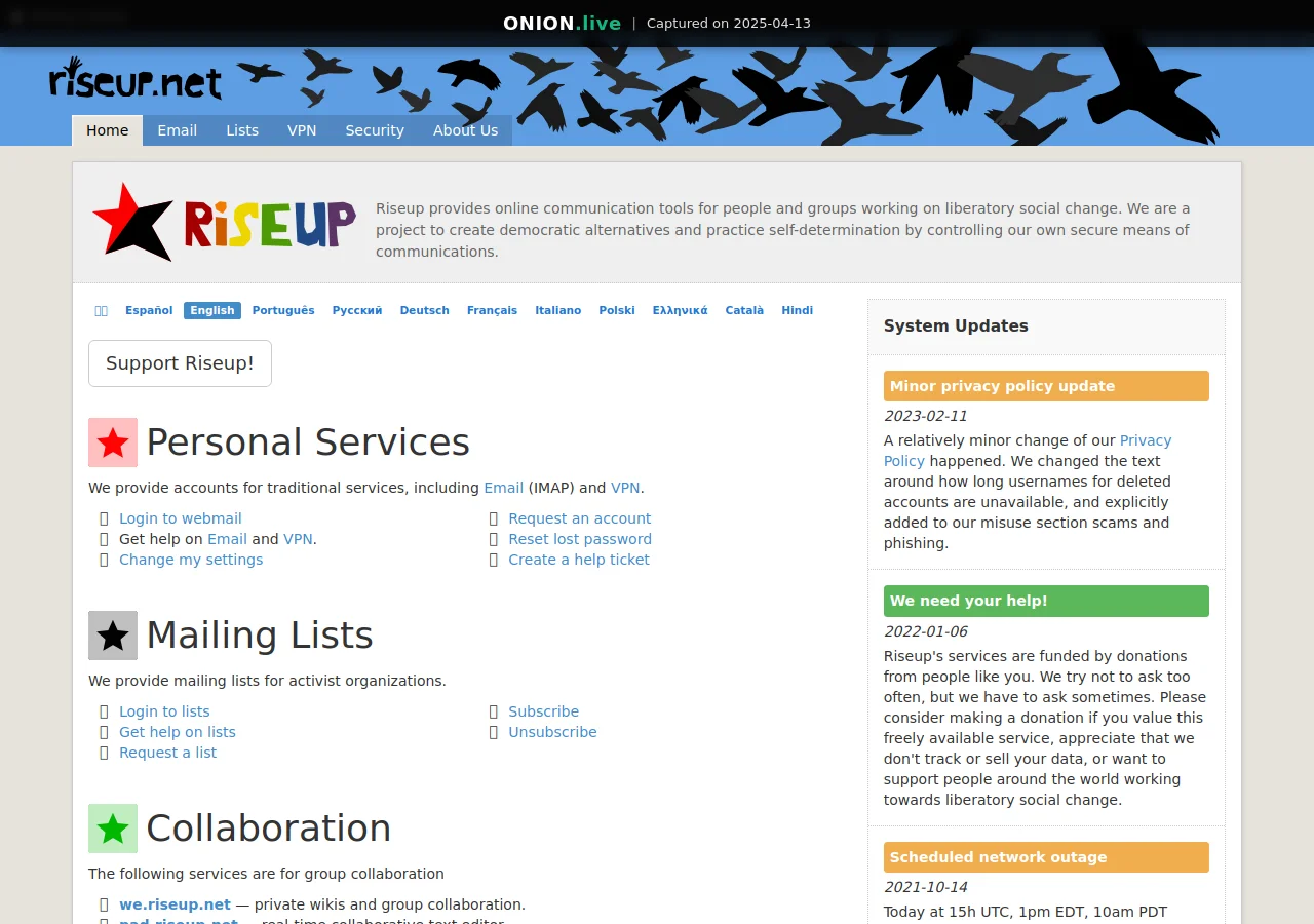 Riseup Main Site screenshot